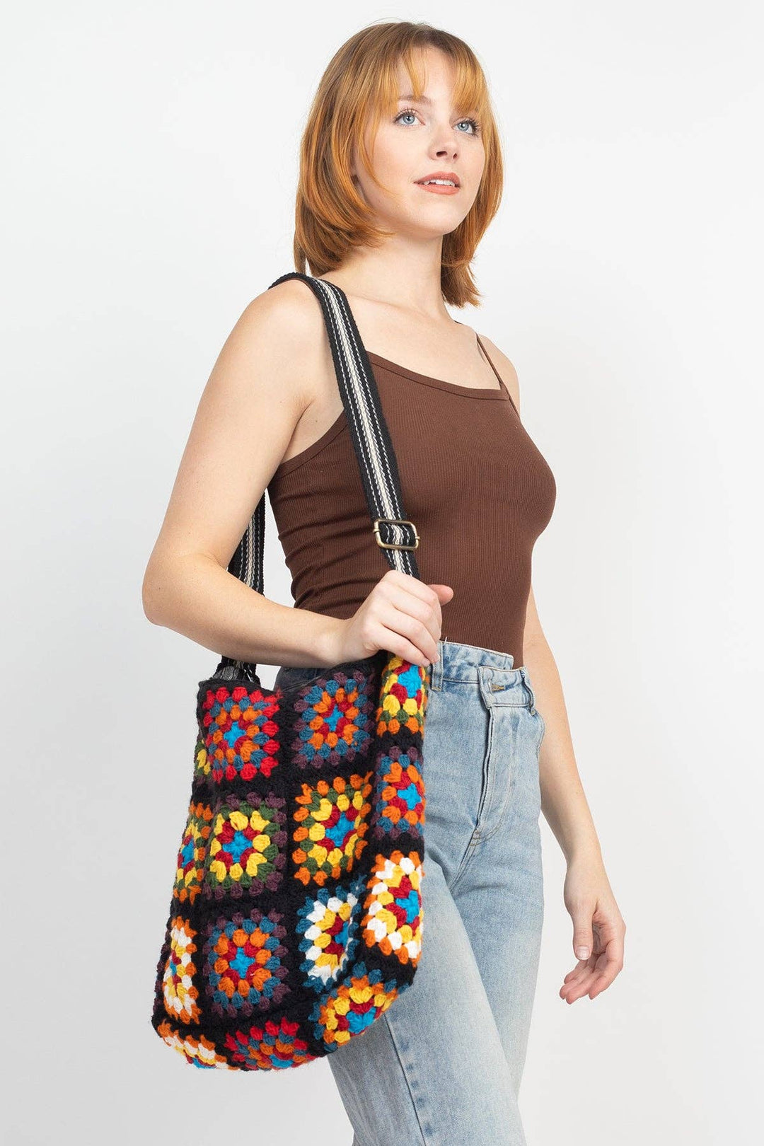 Patchwork Granny Square Shoulder Bag: Black / O/S