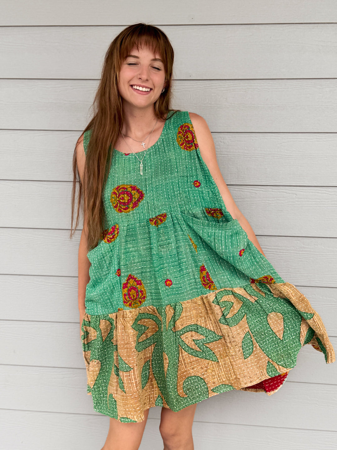 Turquoise Love - Kantha Meadow Mini Dress OOAK