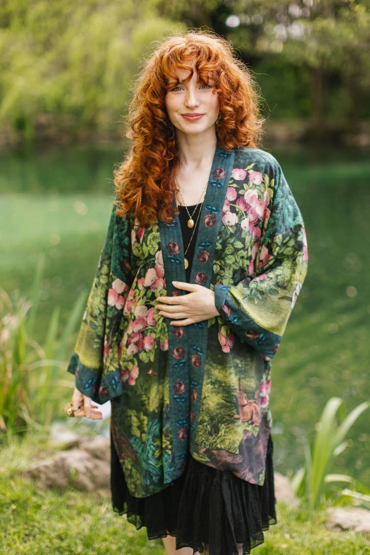 The Daydreamer Matinée Duster Kimono w/ Roses &amp; Rabbits