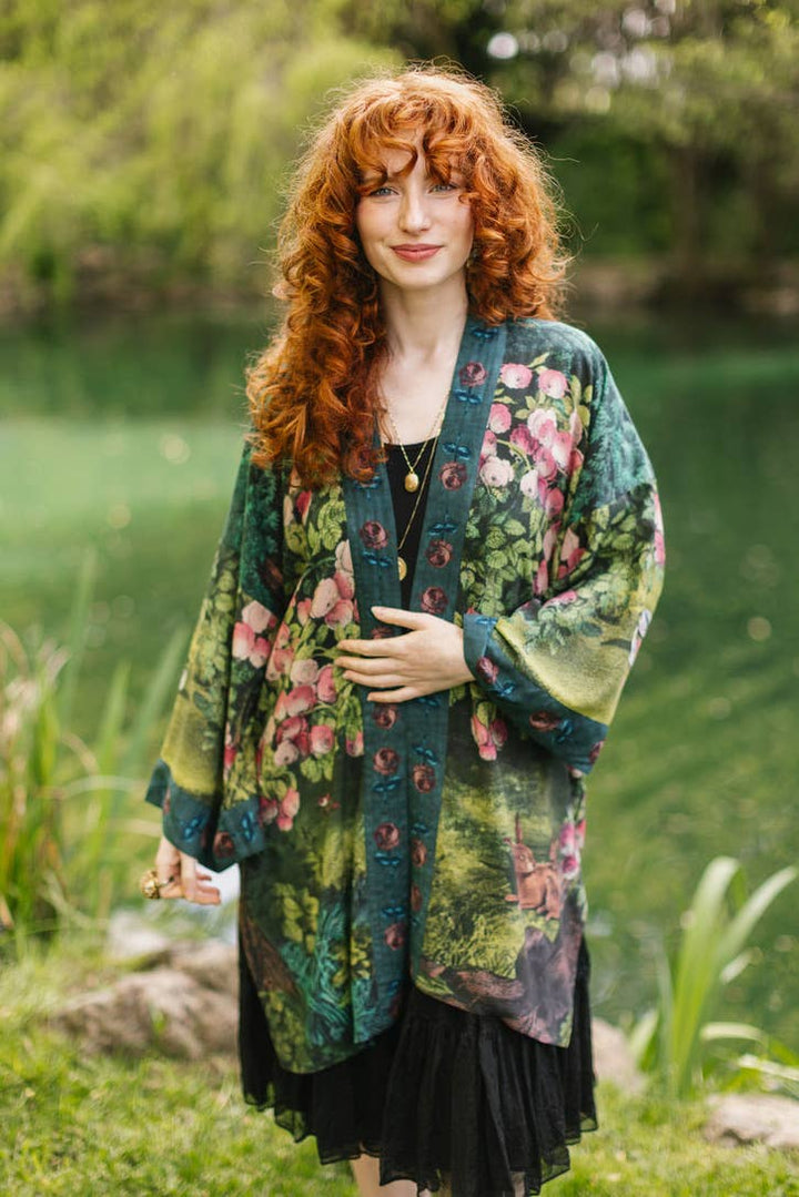 The Daydreamer Matinée Duster Kimono w/ Roses &amp; Rabbits