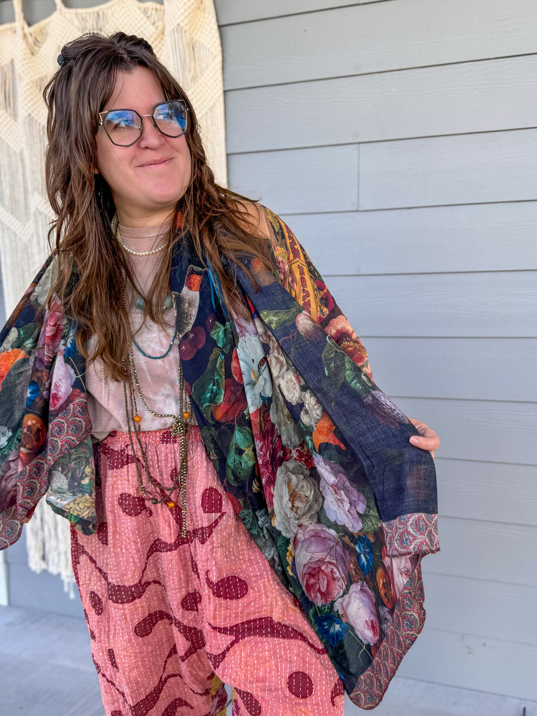 Flight of Fancy Floral Bamboo Scarf with Hummingbirds