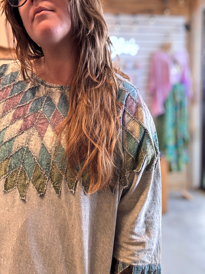 Diamond Patchwork 3/4 Sleeve Top