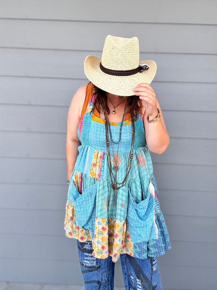 Blue Embroidered - Moxie Mini Dress - Kantha Bae