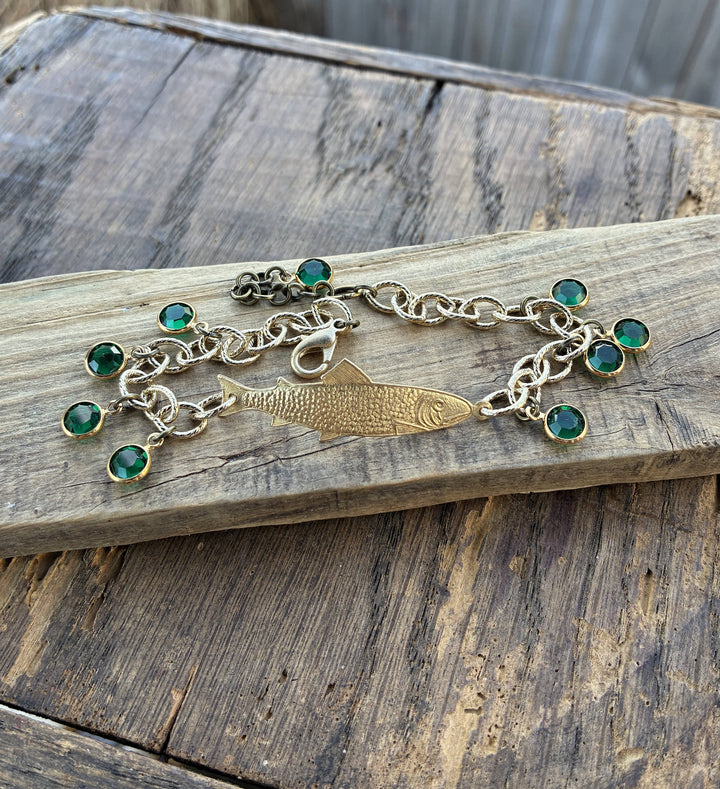 Gold Adjustable Fish Bracelet with Green Crystals