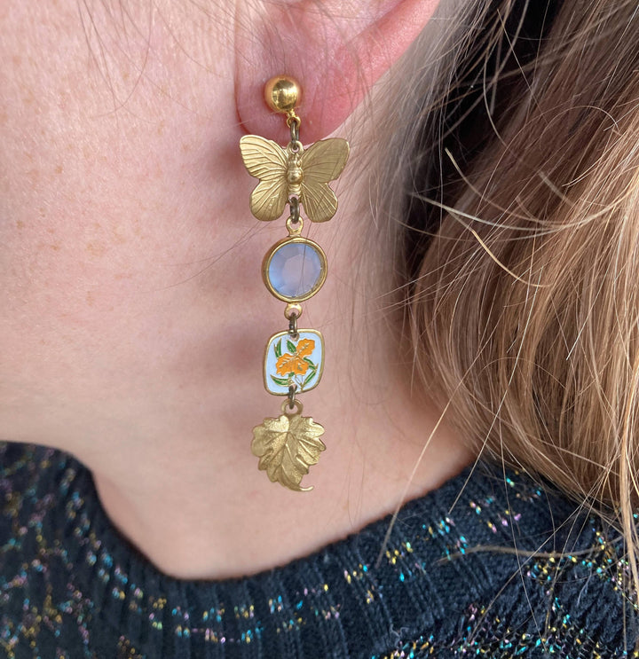 Nature Study Brass &amp; Crystal Charm Earrings