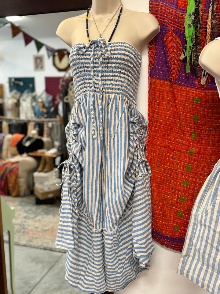 Convertible Drawstring Striped Dress