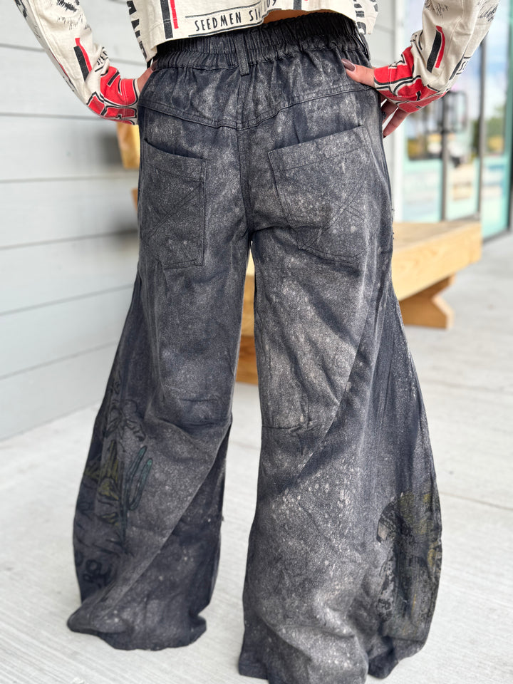 Black Wide Leg Pants with Paint Splash