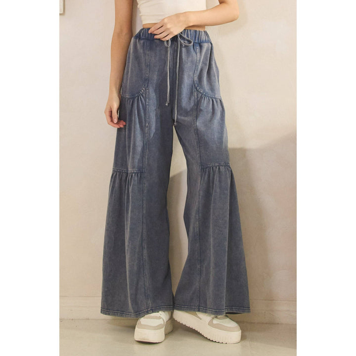 Washed Tiered Wide-Leg Drawstring Pants