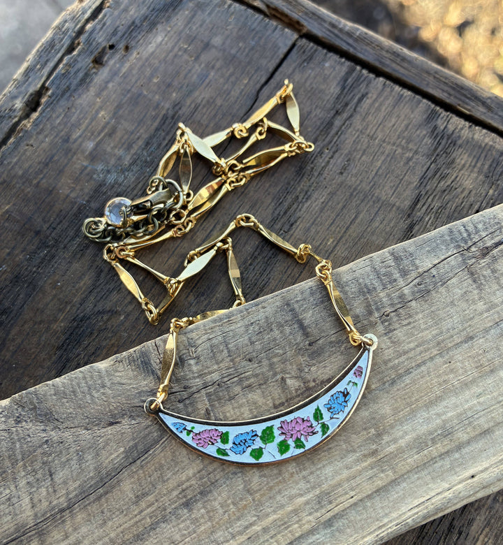 Pink &amp; Blue Enamel Floral Bib Style Necklace
