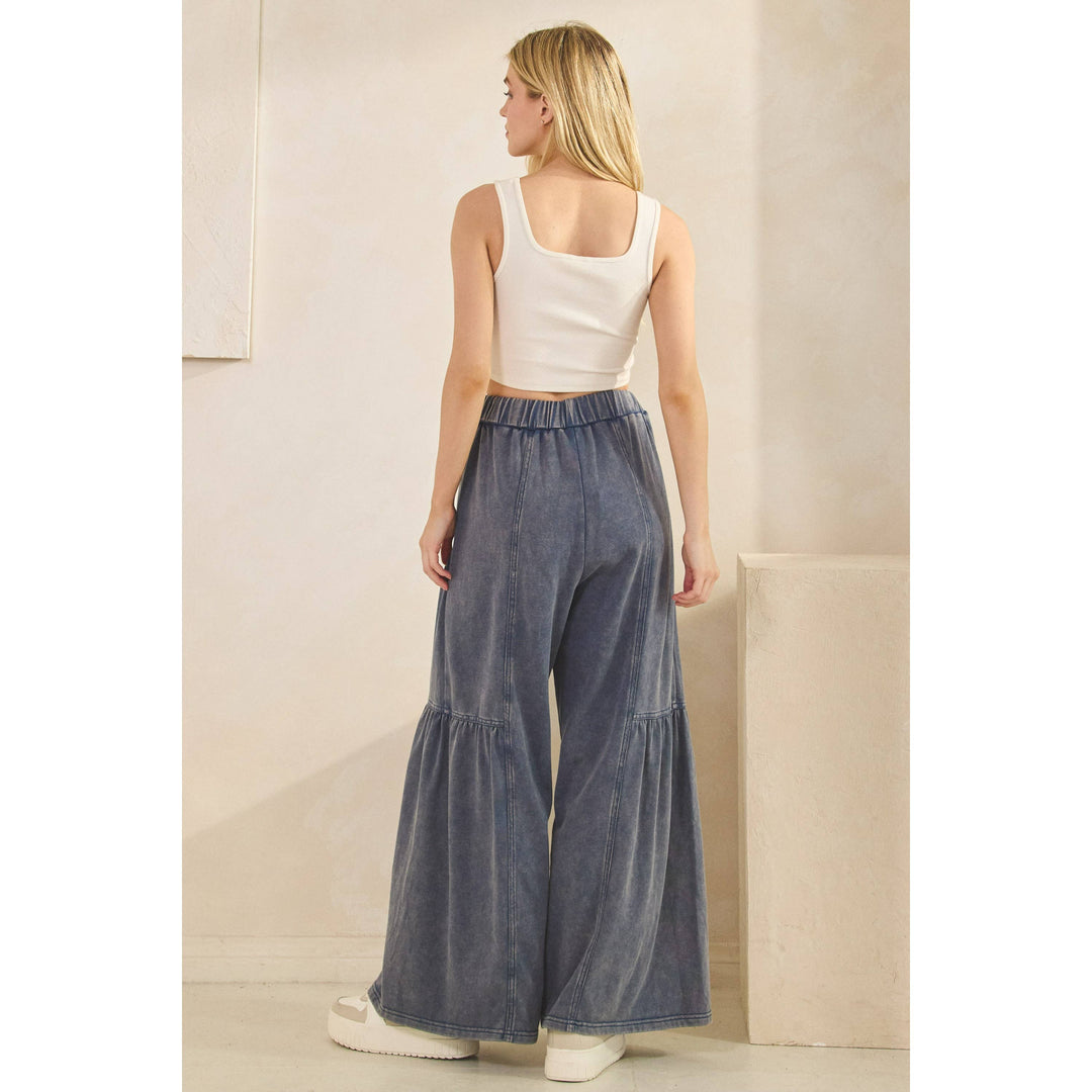 Washed Tiered Wide-Leg Drawstring Pants