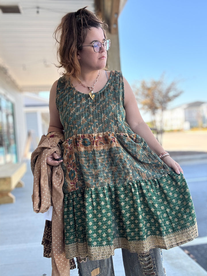 Forest Shade - Kantha Meadow Mini Dress OOAK