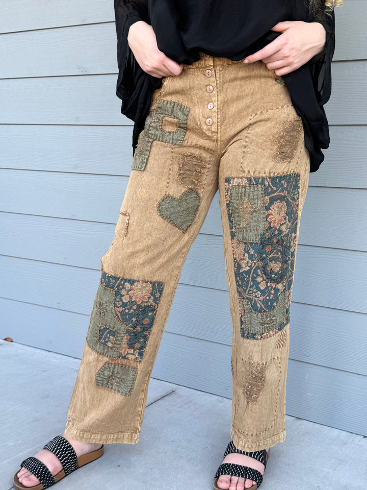 Khaki Heart Patchwork Pants - Paper Lace