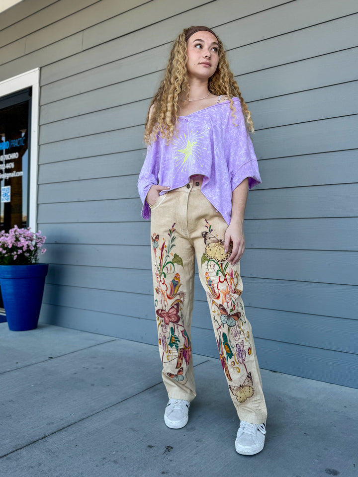 Distressed Khaki Pants with Butterflies - Paper Lace