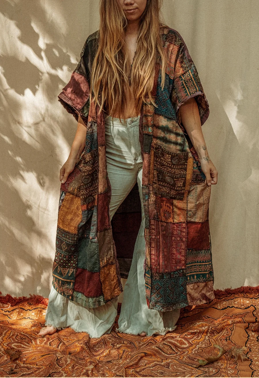 Earthy Boho Duster Patchwork Kimono, Unisex Smock