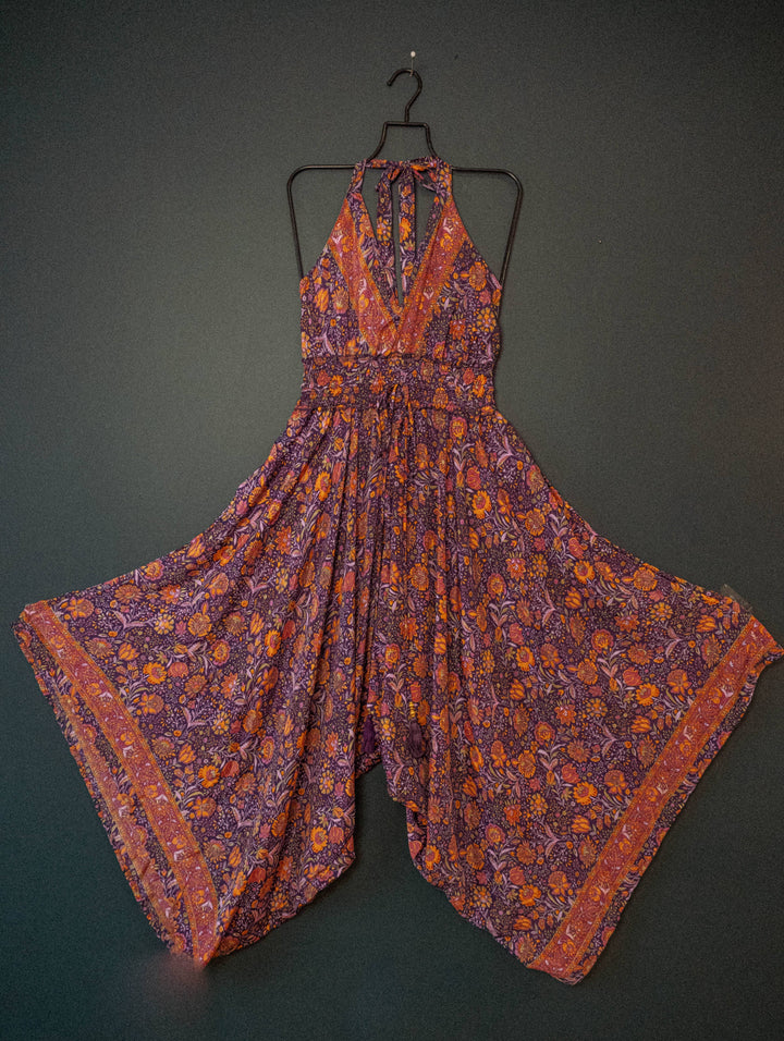 Hippie Boho Style Fairy Silk Jumpsuit, Floral Flowy Outfit