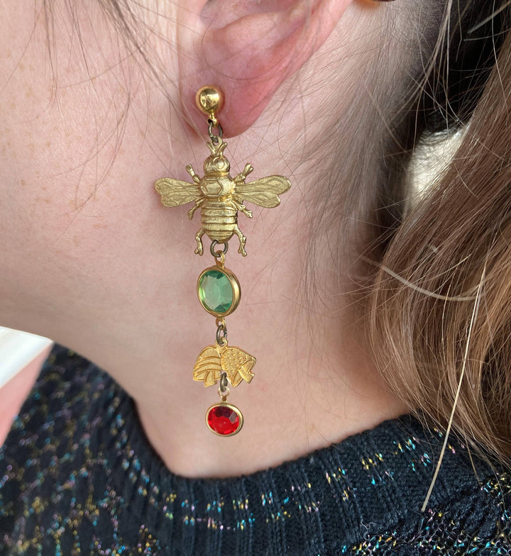 Nature Study Brass &amp; Crystal Charm Earrings