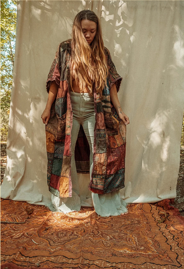 Earthy Boho Duster Patchwork Kimono, Unisex Smock