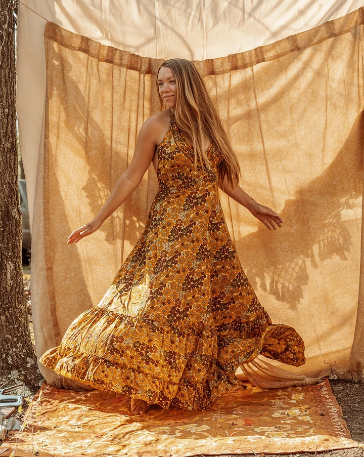 Hippie Boho Maxi Silk Dress, Bohemian Long Back Bow Dress