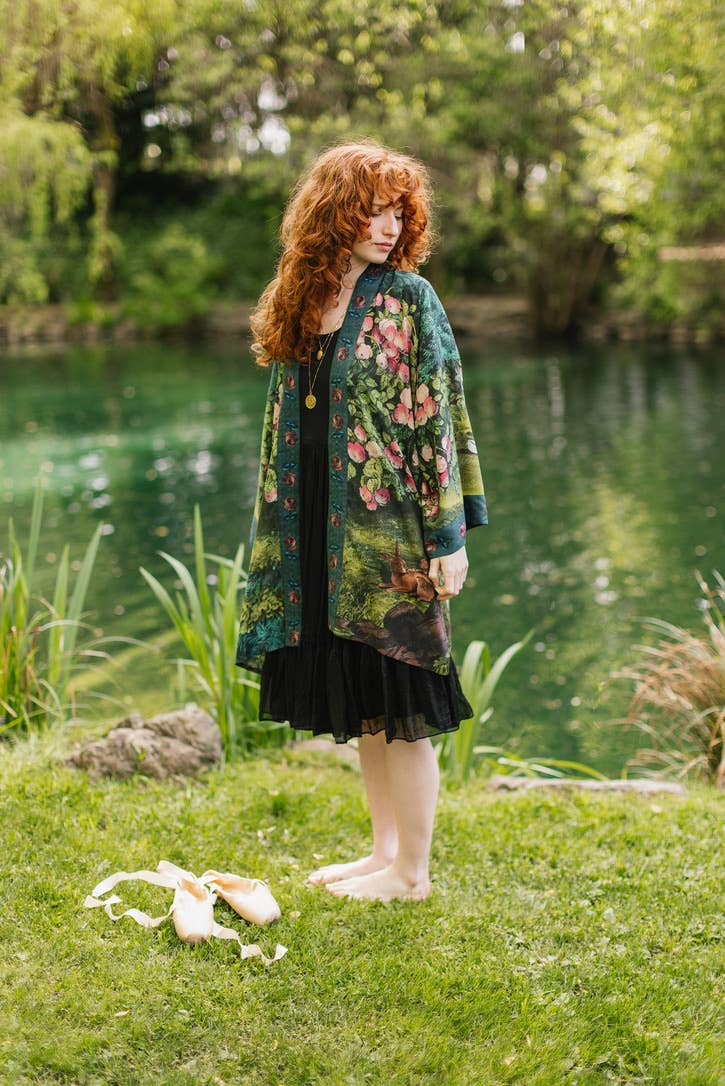 The Daydreamer Matinée Duster Kimono w/ Roses &amp; Rabbits