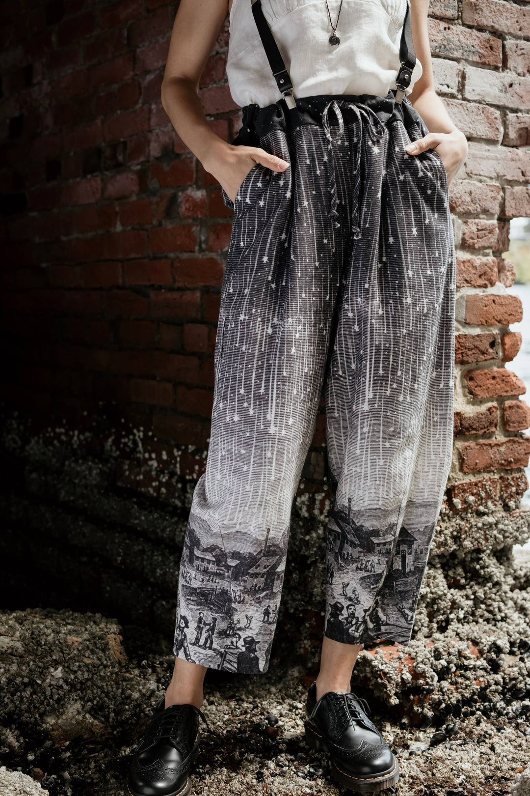 Stargazer Boho Linen Falling Star Print Cropped Artist Pants