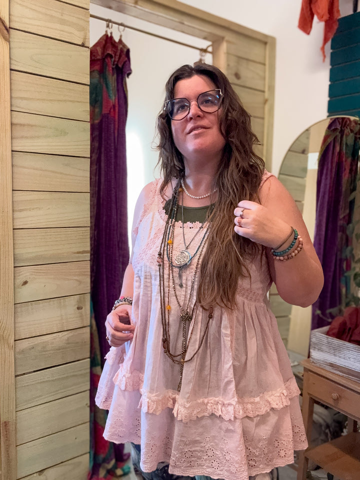 Pintuck Ruffled and Lace Tank Top