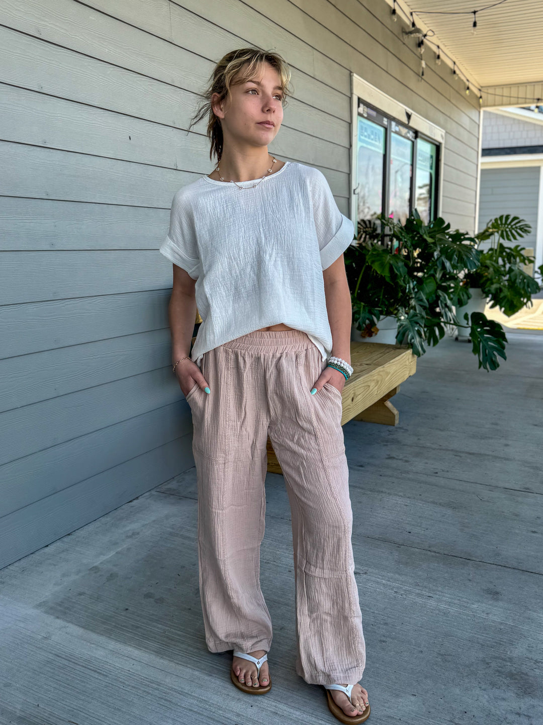 COTTON GAUZE ROLL CUFF TEE