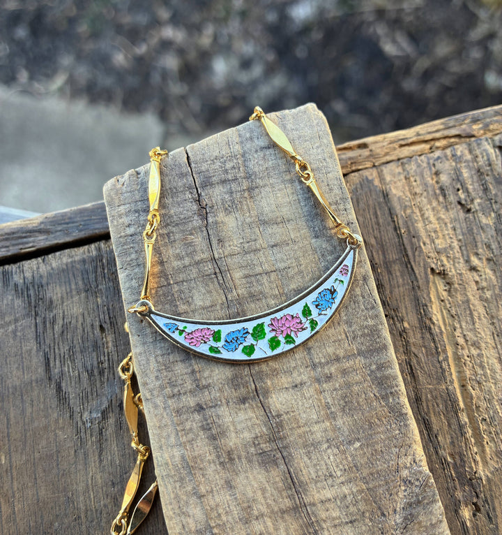 Pink &amp; Blue Enamel Floral Bib Style Necklace
