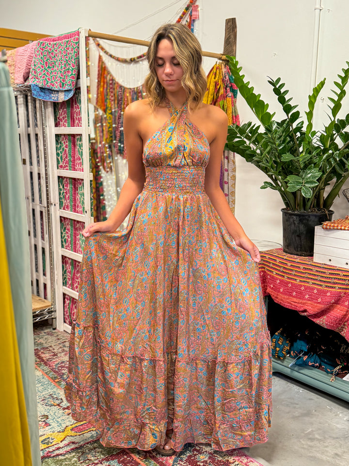 Hippie Boho Maxi Silk Dress, Bohemian Long Back Bow Dress