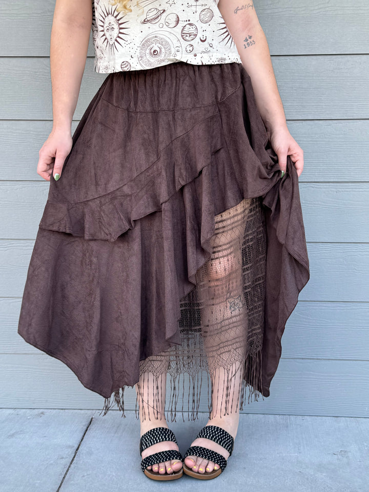 Boho Layered Lace Hem Midi Skirt