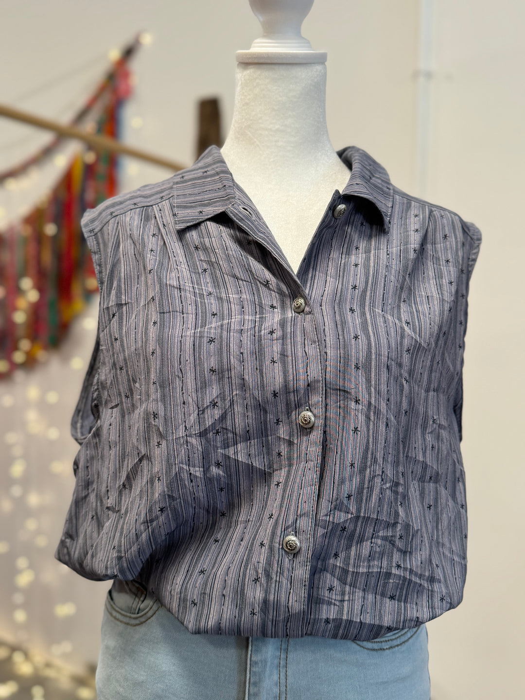 Upcycled Top - Sleeveless Button-Up Blouse - Cinched Waist