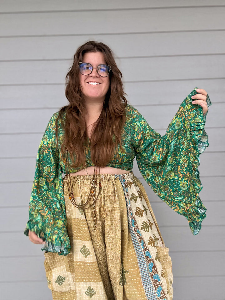 Silk Bell Sleeve Hippie Boho Wrap Top