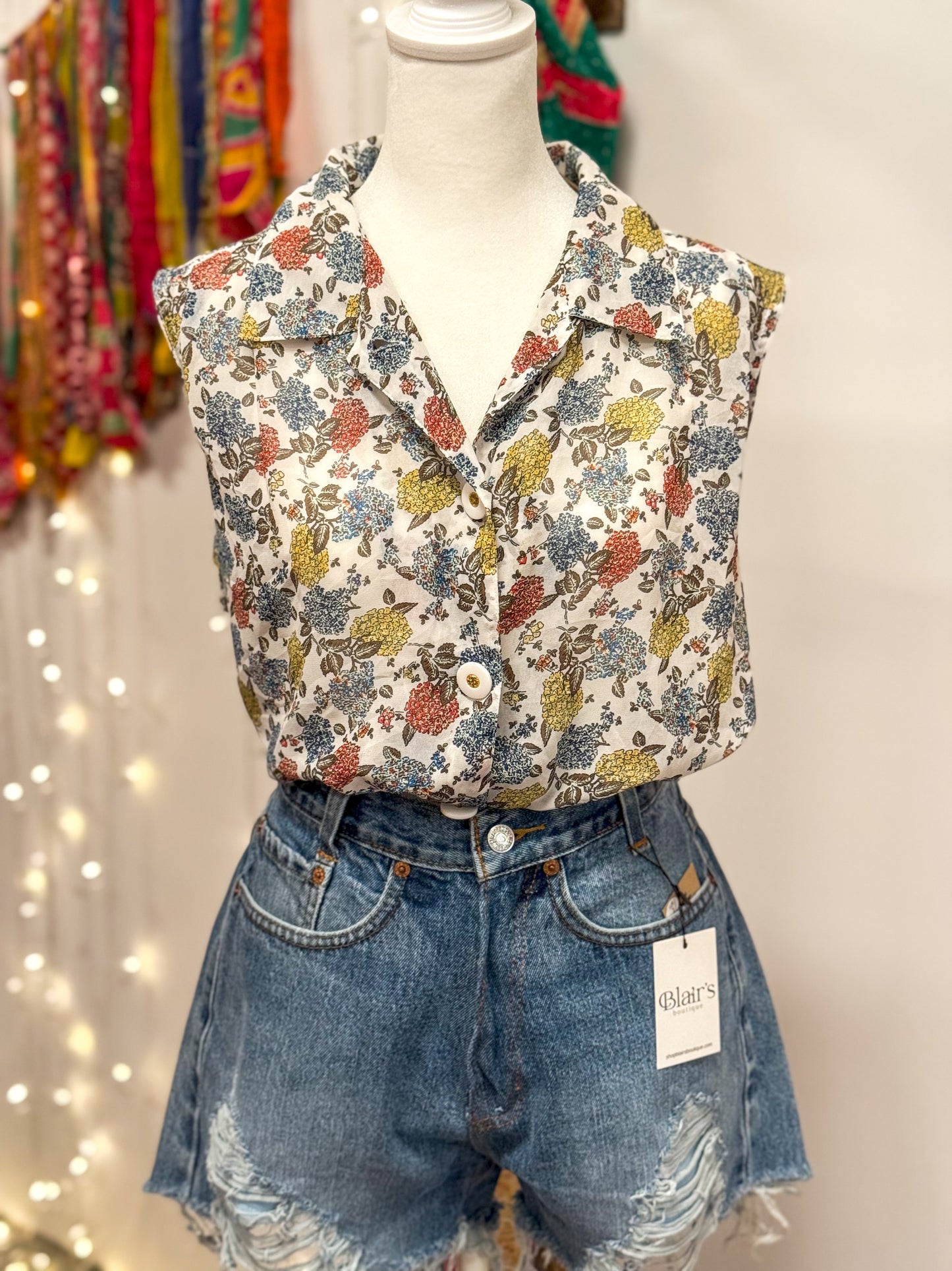 Upcycled Top - Sleeveless Button-Up Blouse - Cinched Waist