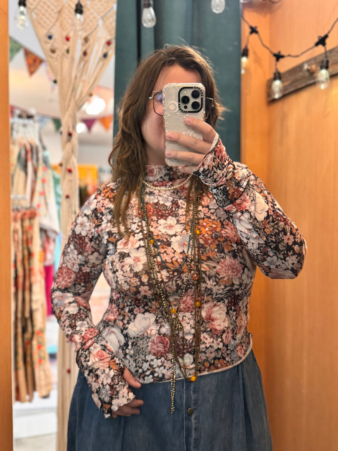 Floral Long Sleeve High Neck Sheath Mesh Blouse