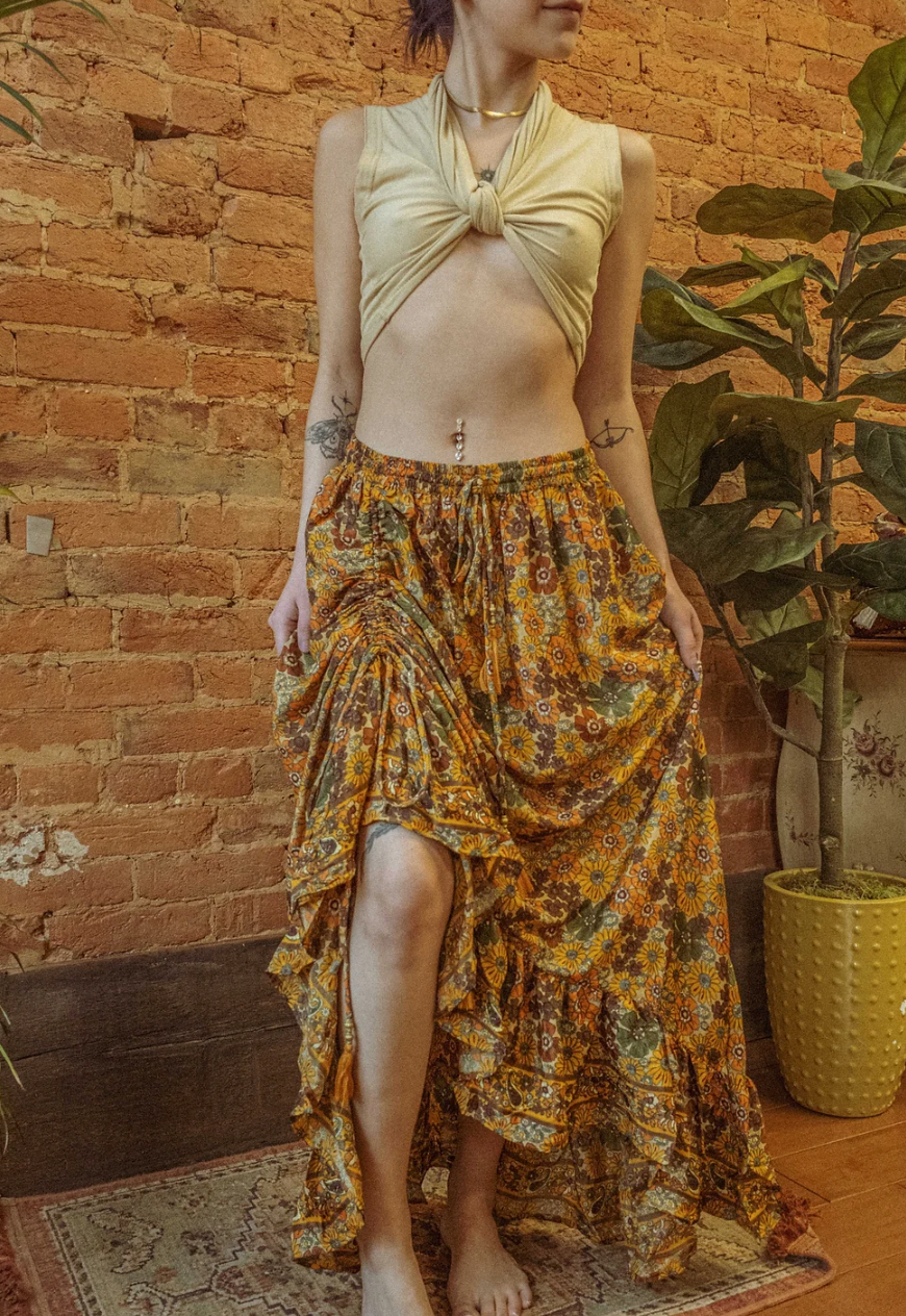 Silk Cinch Ruffle Floral Maxi Skirt