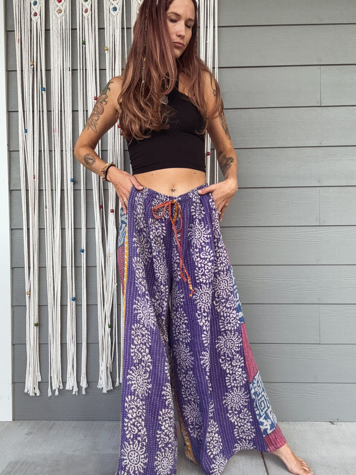 Blue and Red - Kantha Palazzo Pants OOAK