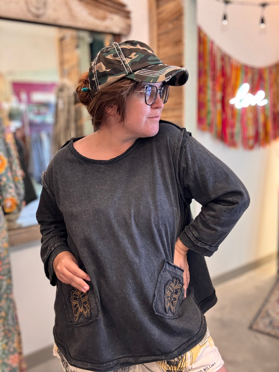 Embroidered Butterfly Fleece Long Sleeve Top