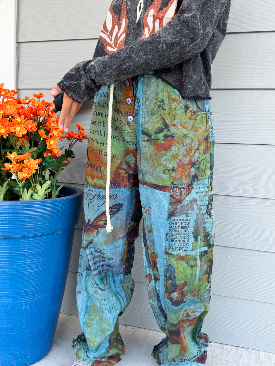 Teal Butterfly Print Pants - Paper Lace