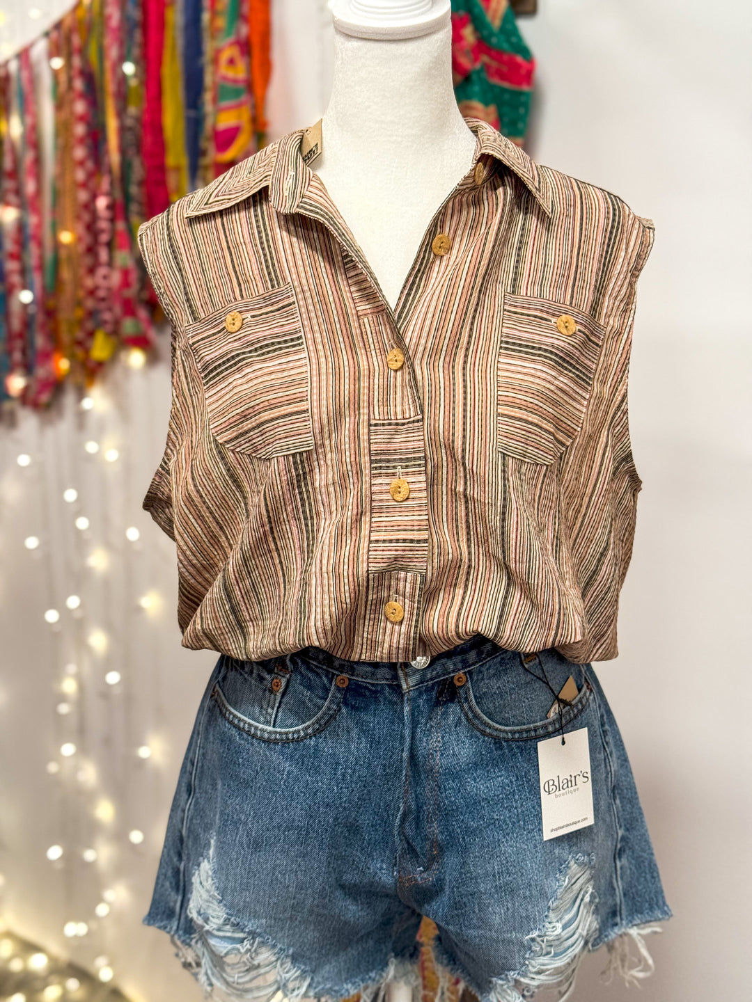 Upcycled Top - Sleeveless Button-Up Blouse - Cinched Waist