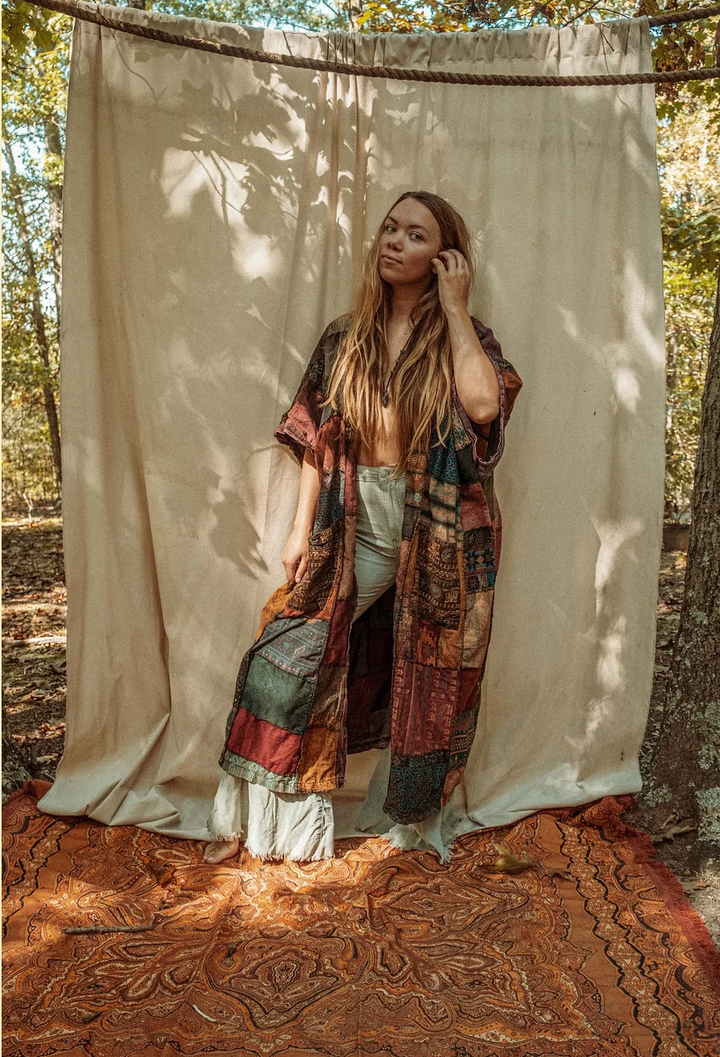 Earthy Boho Duster Patchwork Kimono, Unisex Smock