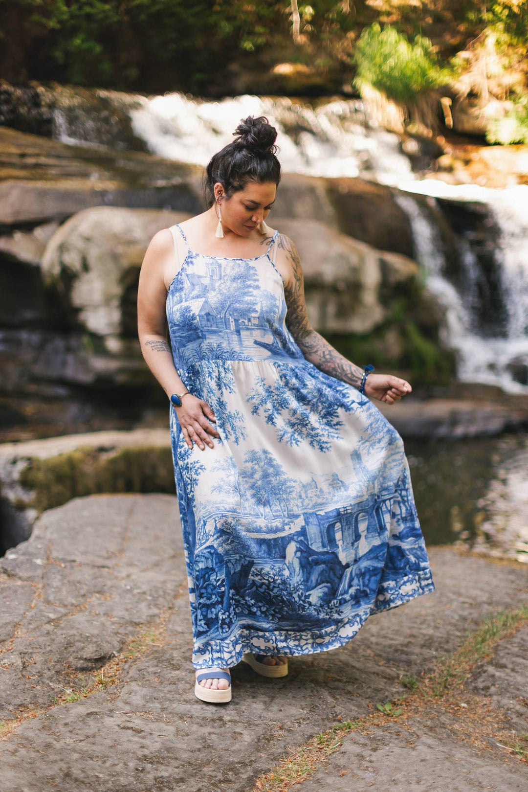 Let The Light In Bohéme Long Bamboo Slip Dress w Delft Print