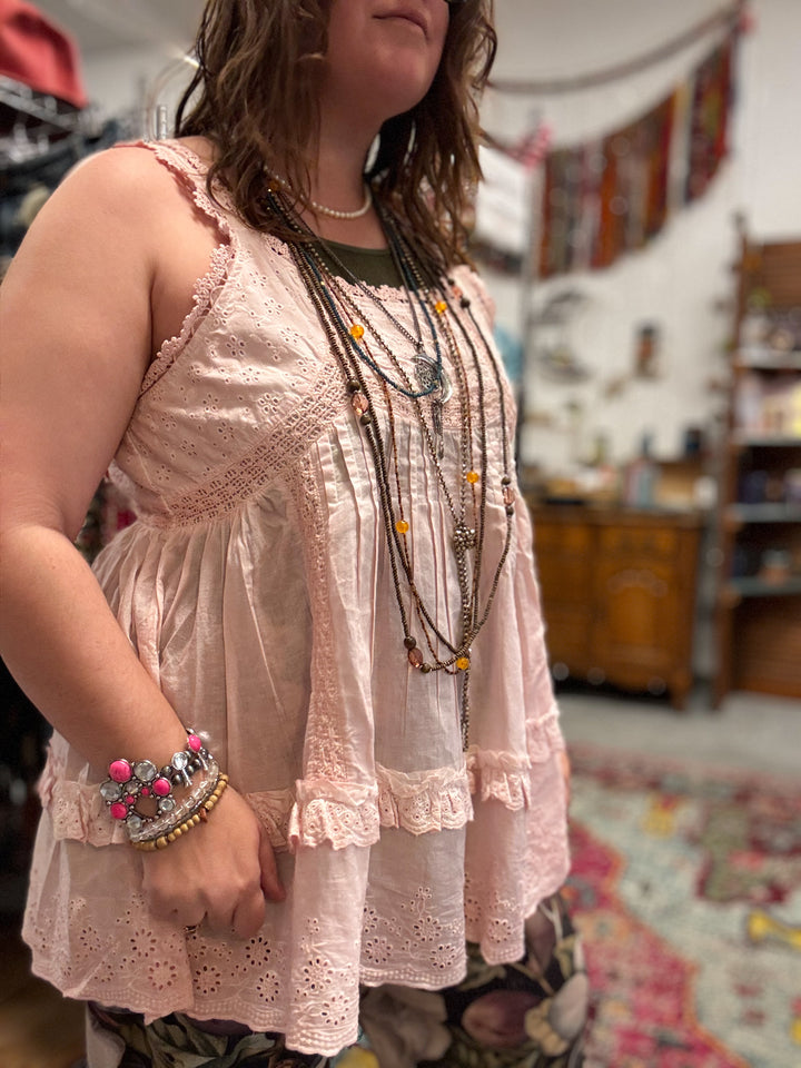 Pintuck Ruffled and Lace Tank Top