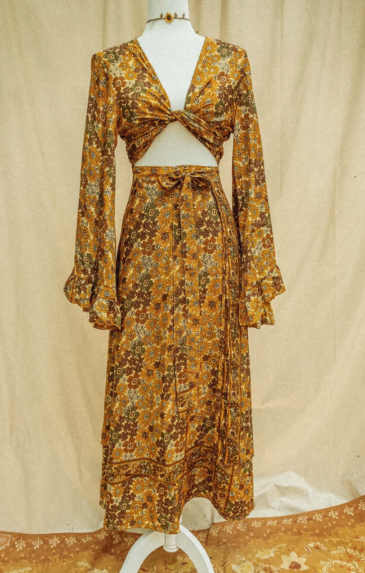 Hippie Boho Style 2 Layer Floral Silk Wrap Skirt