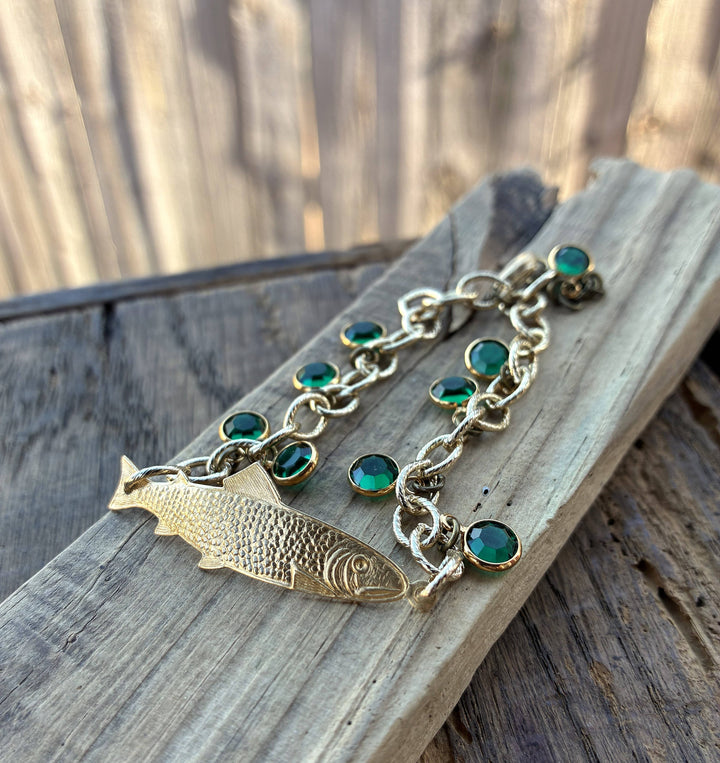 Gold Adjustable Fish Bracelet with Green Crystals