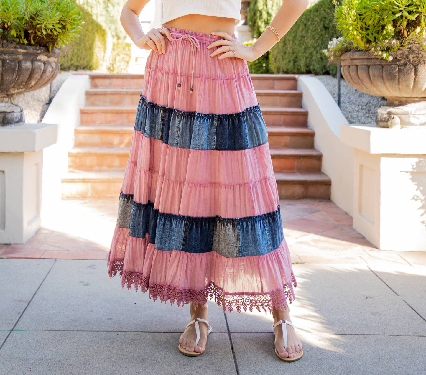 Women Long Tiered Western Skirt, Lined With Two Pockets