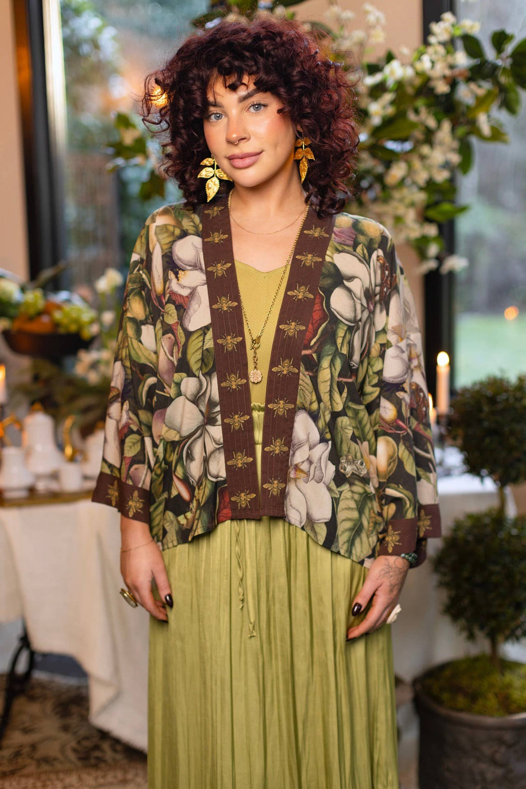Fleur De Lune Pixie Duster Crop Kimono w/ Florals &amp; Bees