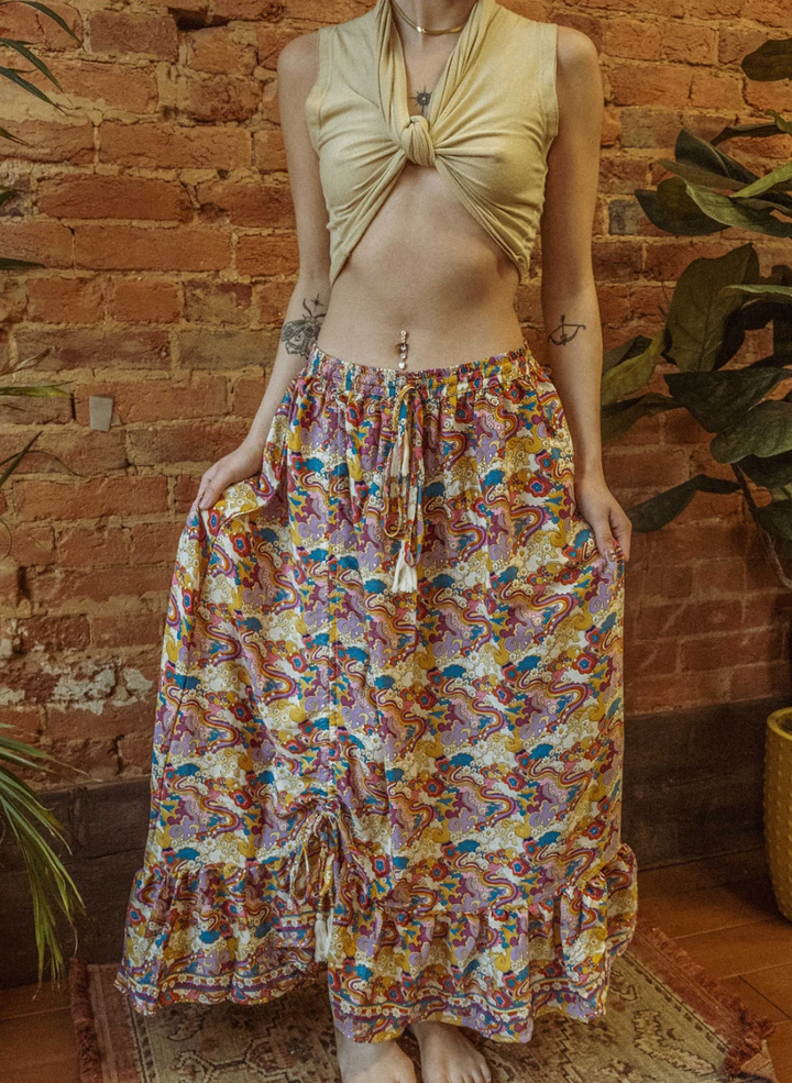 Silk Cinch Ruffle Floral Maxi Skirt