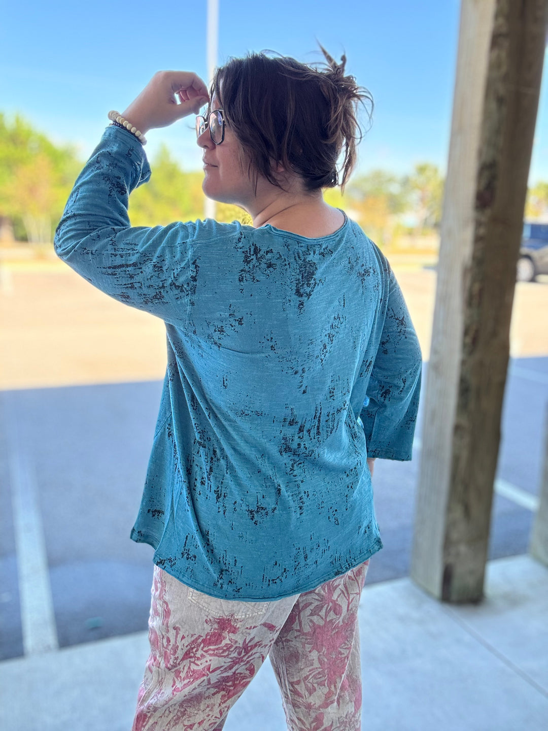 Teal Butterfly Print Distressed Top