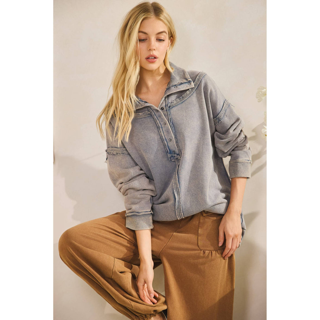 Washed Raw-edge Henley Pullover