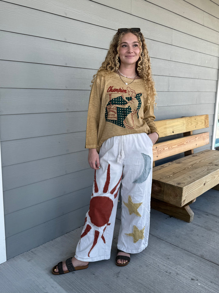 Sun Moon Star Patch Wide Pants