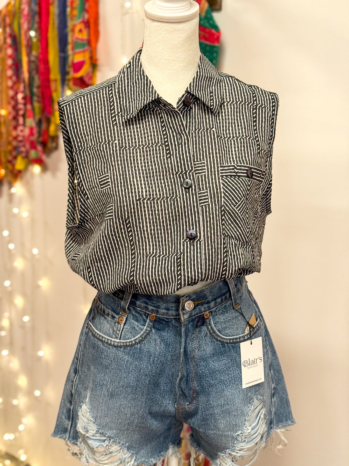 Upcycled Top - Sleeveless Button-Up Blouse - Cinched Waist